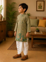 Boys Mandarin Collar Digital Print Ethnic Kurta - Green (Style BK145) (shown with dhoti pant, not included)