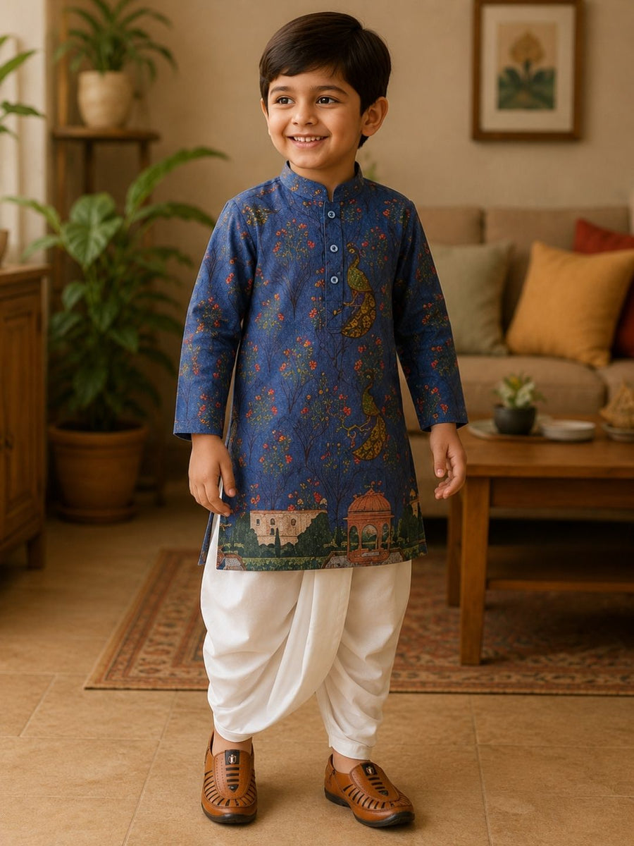 Boys Mandarin Collar Digital Print Ethnic Kurta Set - Blue (Style BK146)