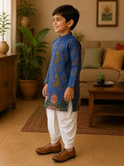 Boys Mandarin Collar Digital Print Ethnic Kurta Set - Blue (Style BK146)