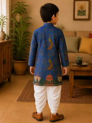 Boys Mandarin Collar Digital Print Ethnic Kurta Set - Blue (Style BK146)