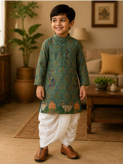 Boys Mandarin Collar Digital Print Ethnic Kurta Set - Olive Green (Style BK147)