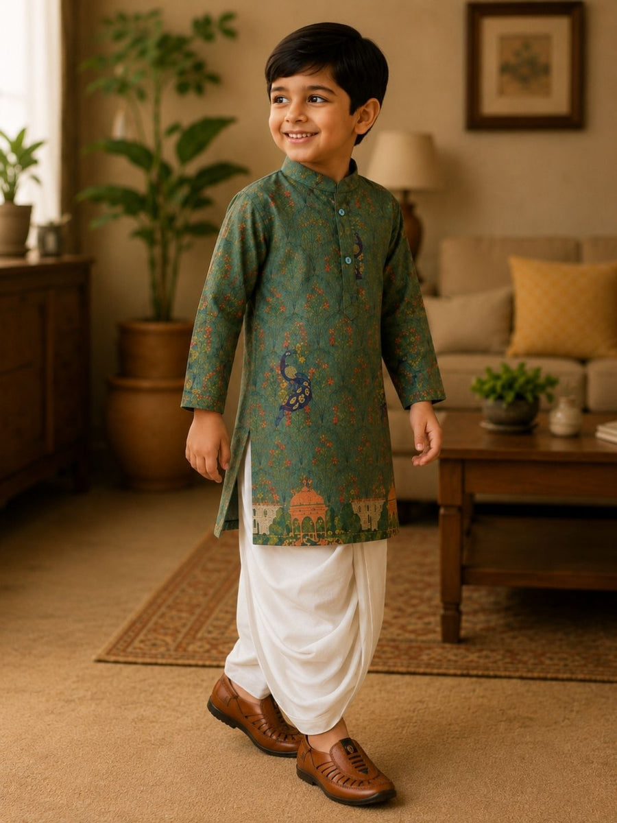 Boys Mandarin Collar Digital Print Ethnic Kurta Set - Olive Green (Style BK147)