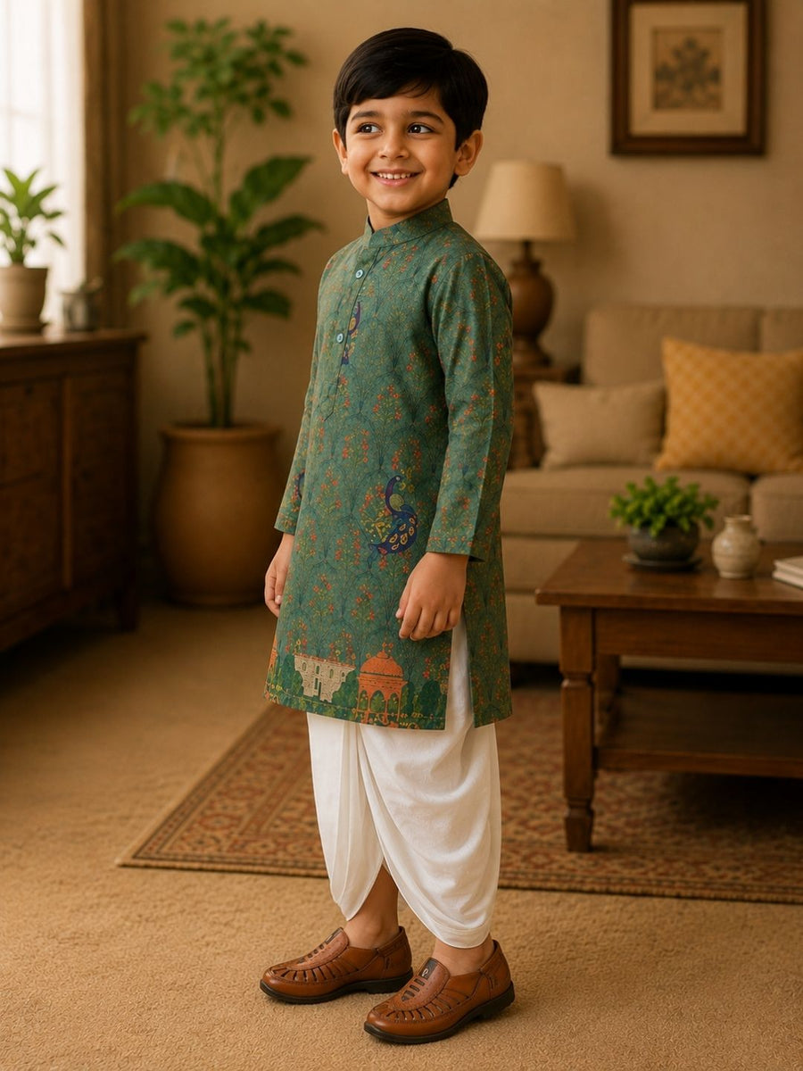 Boys Mandarin Collar Digital Print Ethnic Kurta - Olive Green (Style BK147) (shown with dhoti pant, not included)