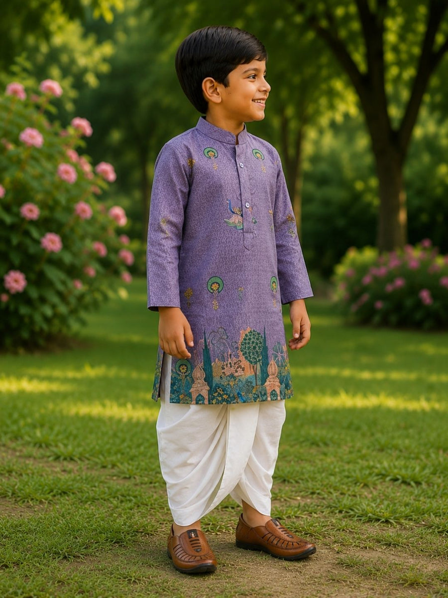 Boys Mandarin Collar Digital Print Ethnic Kurta - Lavender (Style BK148) (shown with dhoti pant, not included)