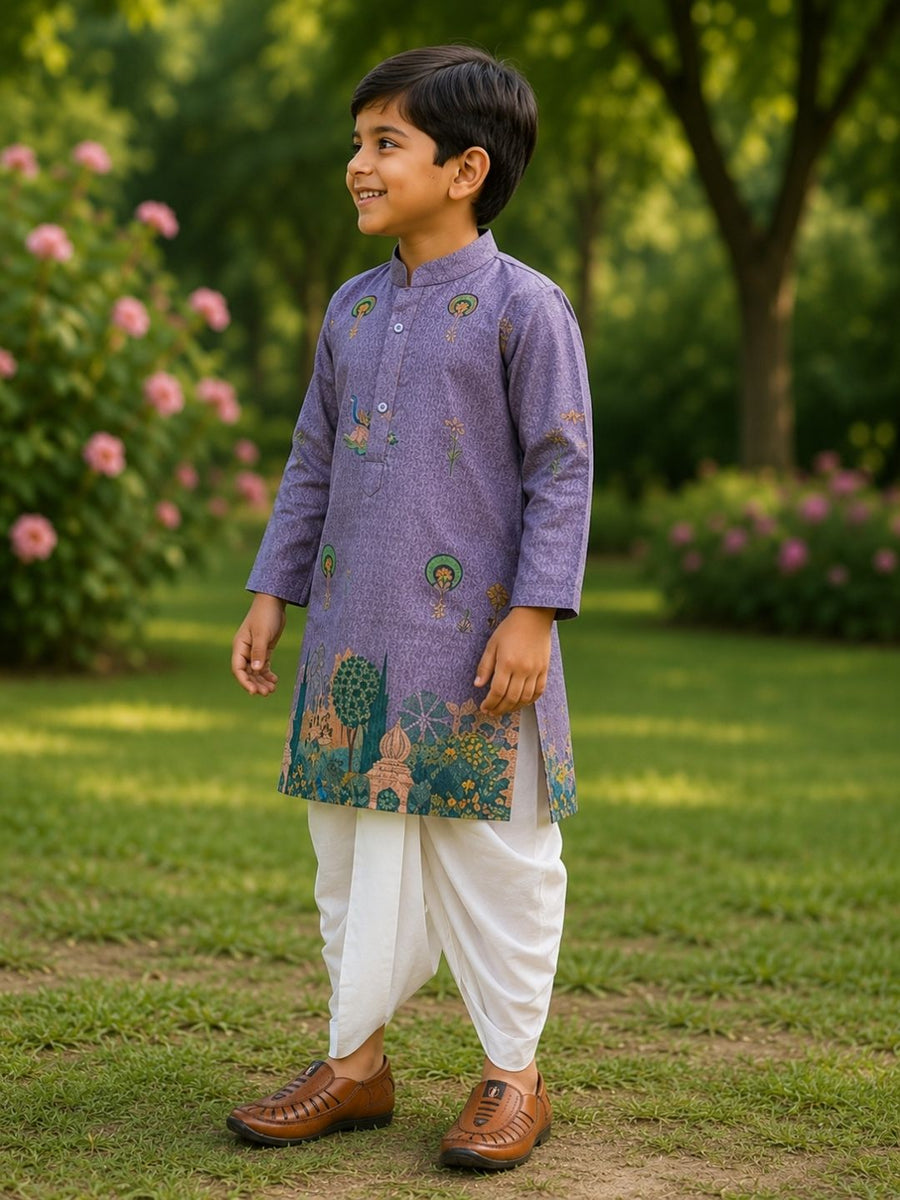 Boys Mandarin Collar Digital Print Ethnic Kurta - Lavender (Style BK148) (shown with dhoti pant, not included)