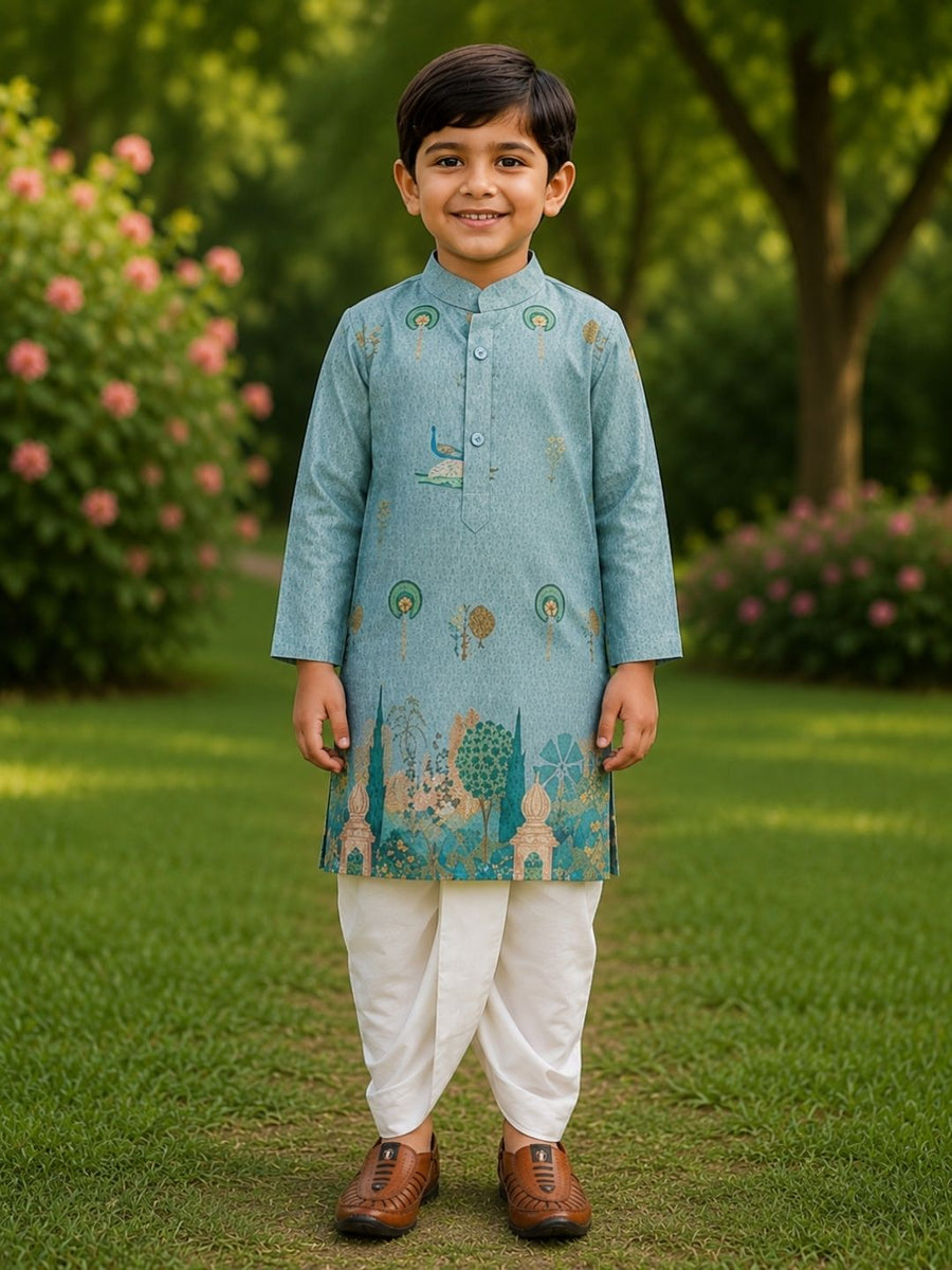 Boys Mandarin Collar Digital Print Ethnic Kurta Set - Dark Grey (Style BK149)