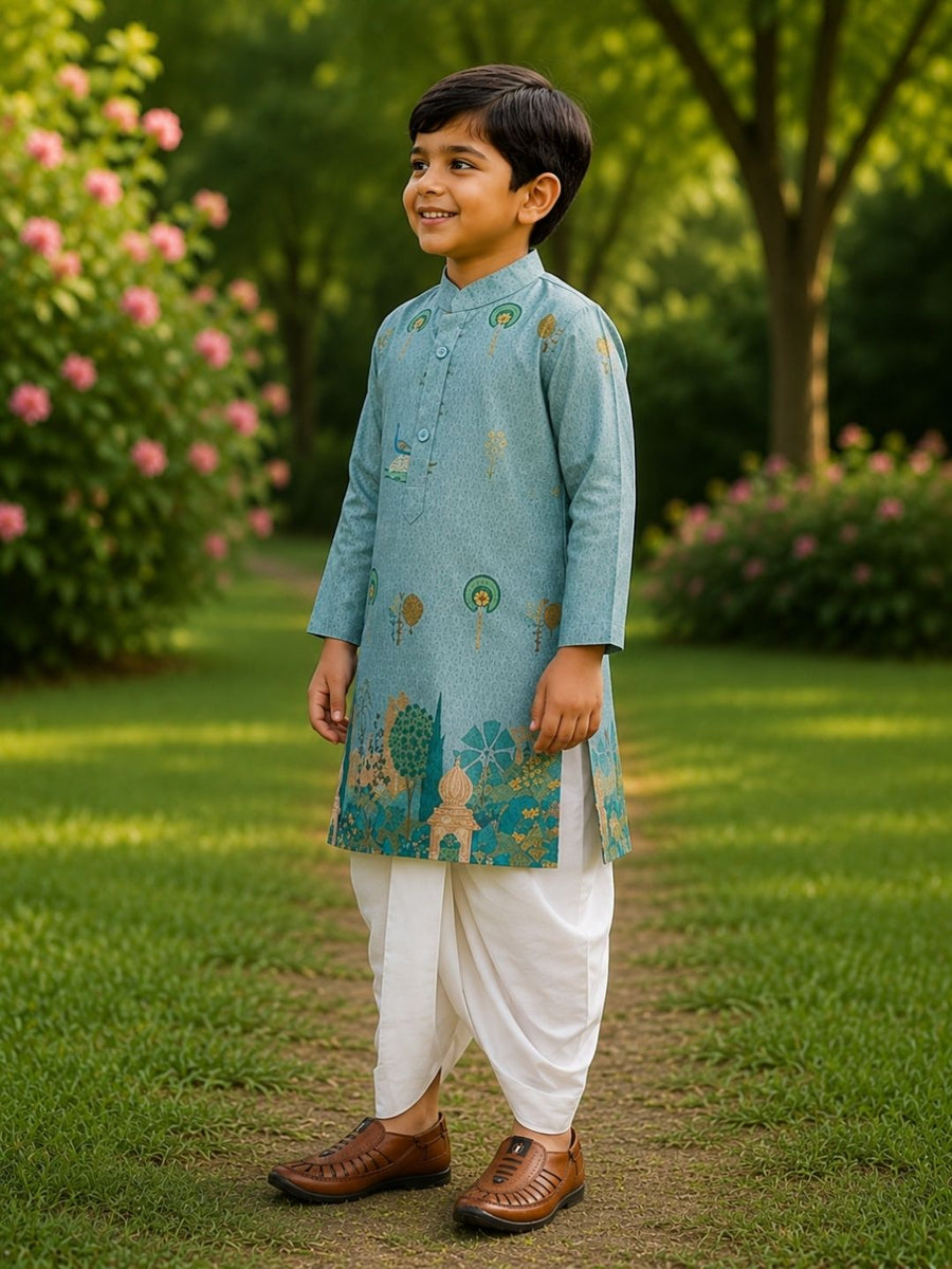 Boys Mandarin Collar Digital Print Ethnic Kurta Set - Dark Grey (Style BK149)