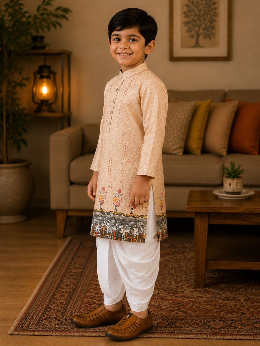 Boys Mandarin Collar Digital Print Ethnic Kurta - Pink (Style BK150) (shown with dhoti pant, not included)