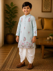 Boys Mandarin Collar Digital Print Ethnic Kurta - Mint Green (Style BK151) (shown with dhoti pant, not included)