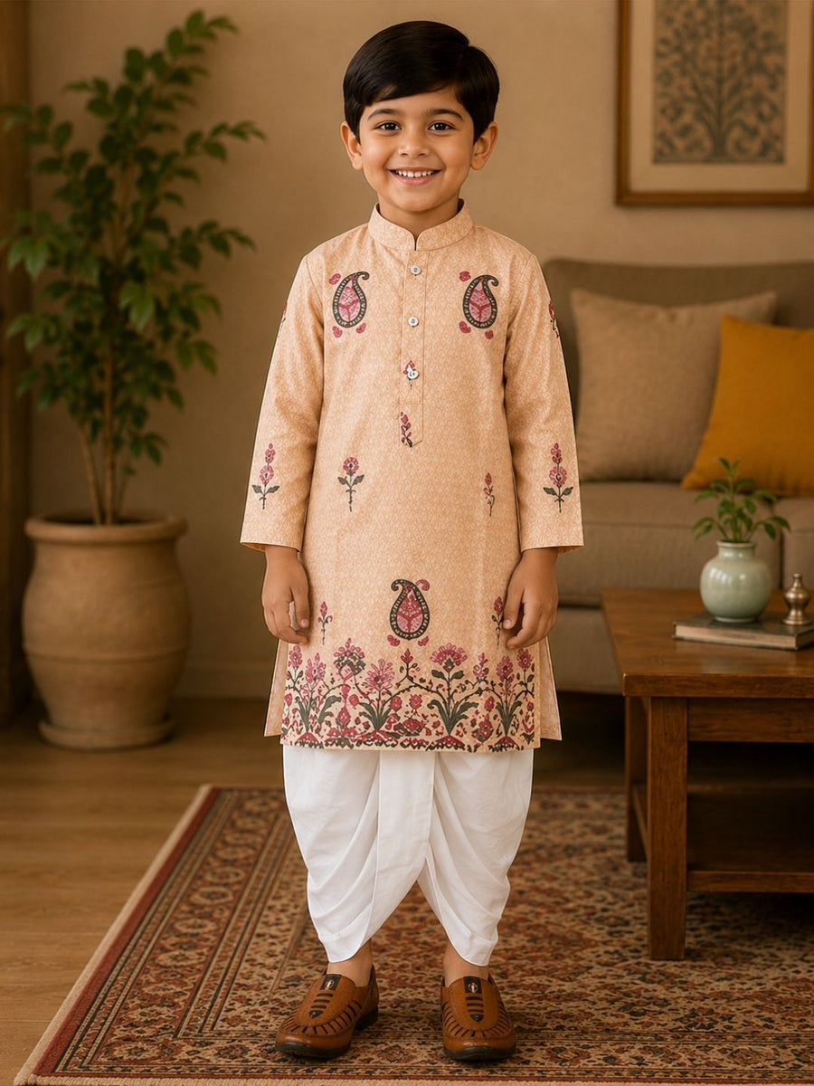 Boys Mandarin Collar Digital Print Ethnic Kurta Set - Sandal (Style BK152)