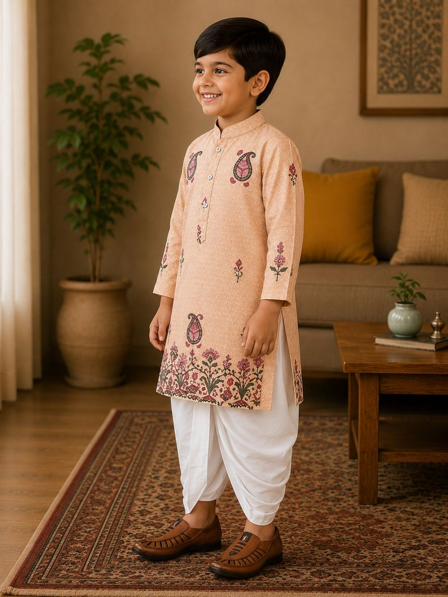 Boys Mandarin Collar Digital Print Ethnic Kurta Set - Sandal (Style BK152)