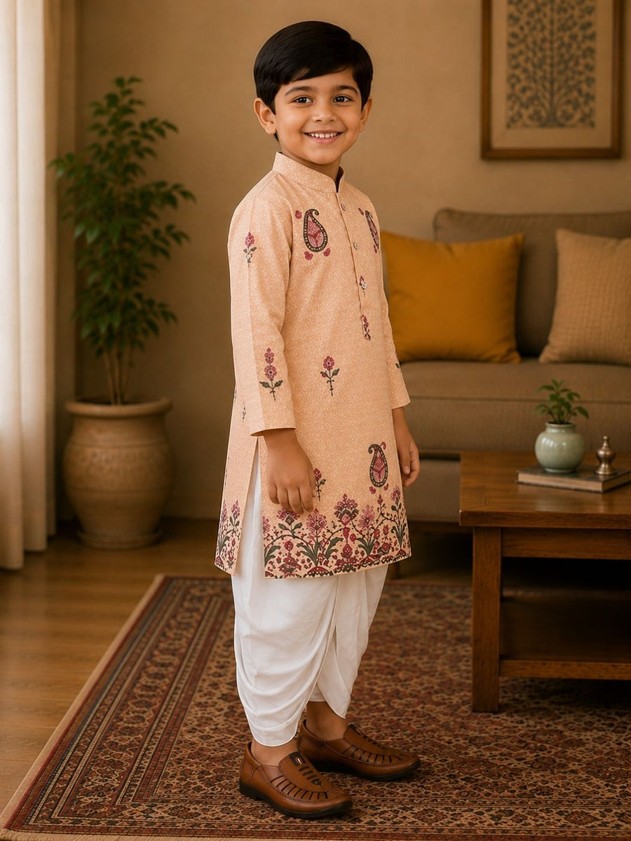 Boys Mandarin Collar Digital Print Ethnic Kurta Set - Sandal (Style BK152)