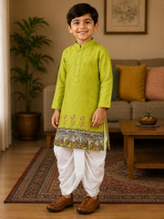 Boys Mandarin Collar Digital Print Ethnic Kurta - Lime Green (Style BK153) (shown with dhoti pant, not included)