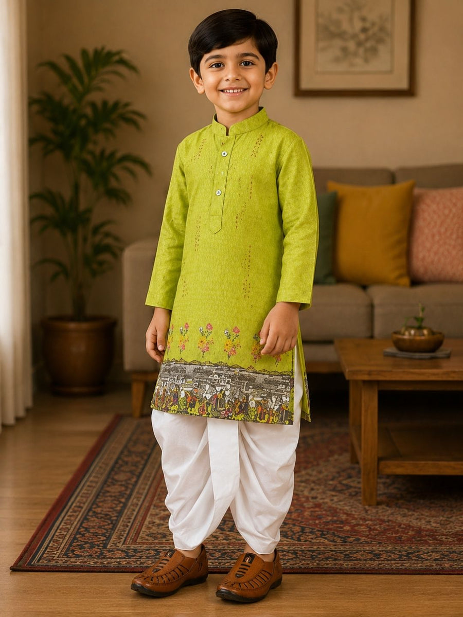 Boys Mandarin Collar Digital Print Ethnic Kurta - Lime Green (Style BK153) (shown with dhoti pant, not included)