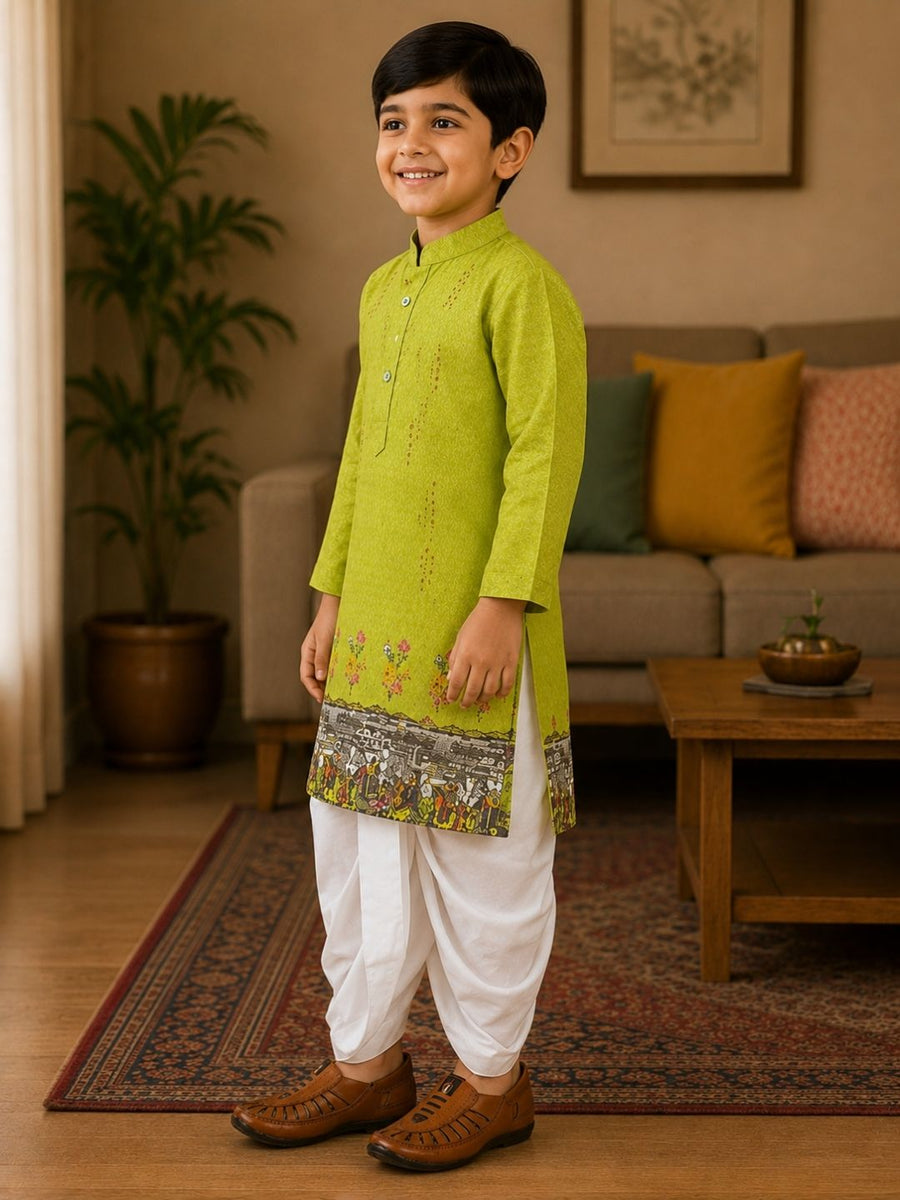 Boys Mandarin Collar Digital Print Ethnic Kurta - Lime Green (Style BK153) (shown with dhoti pant, not included)
