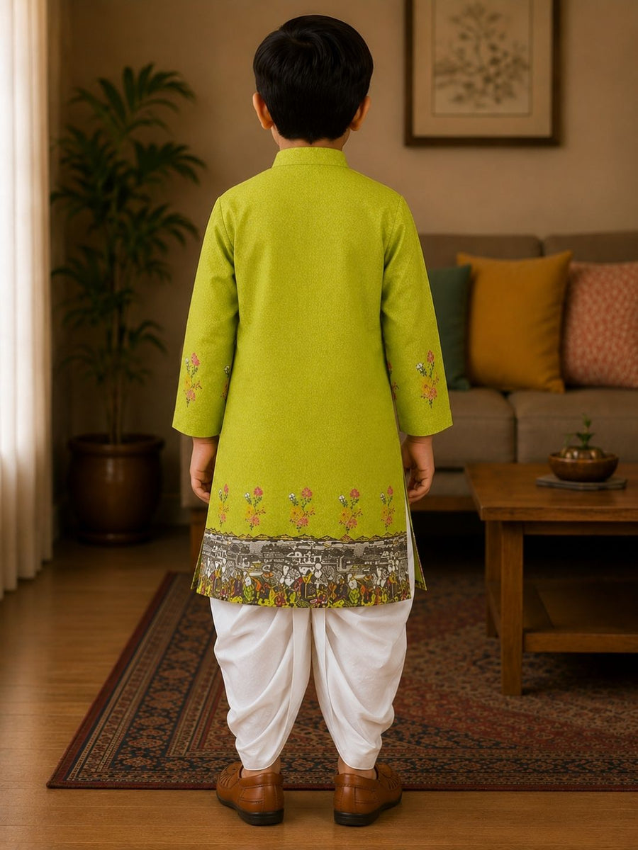 Boys Mandarin Collar Digital Print Ethnic Kurta - Lime Green (Style BK153) (shown with dhoti pant, not included)