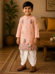 Boys Mandarin Collar Digital Print Ethnic Kurta Set - Cream (Style BK154)