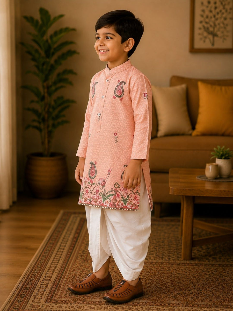 Boys Mandarin Collar Digital Print Ethnic Kurta Set - Cream (Style BK154)