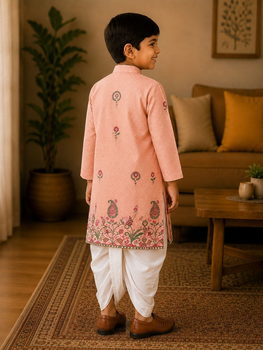 Boys Mandarin Collar Digital Print Ethnic Kurta - Cream (Style BK154) (shown with dhoti pant, not included)