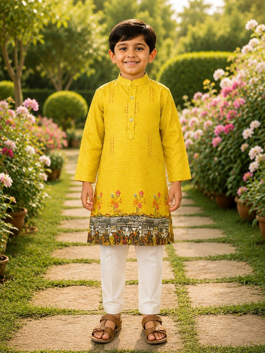 Boys Traditional Kurta Pyjama Set - Yellow (Style BK155)