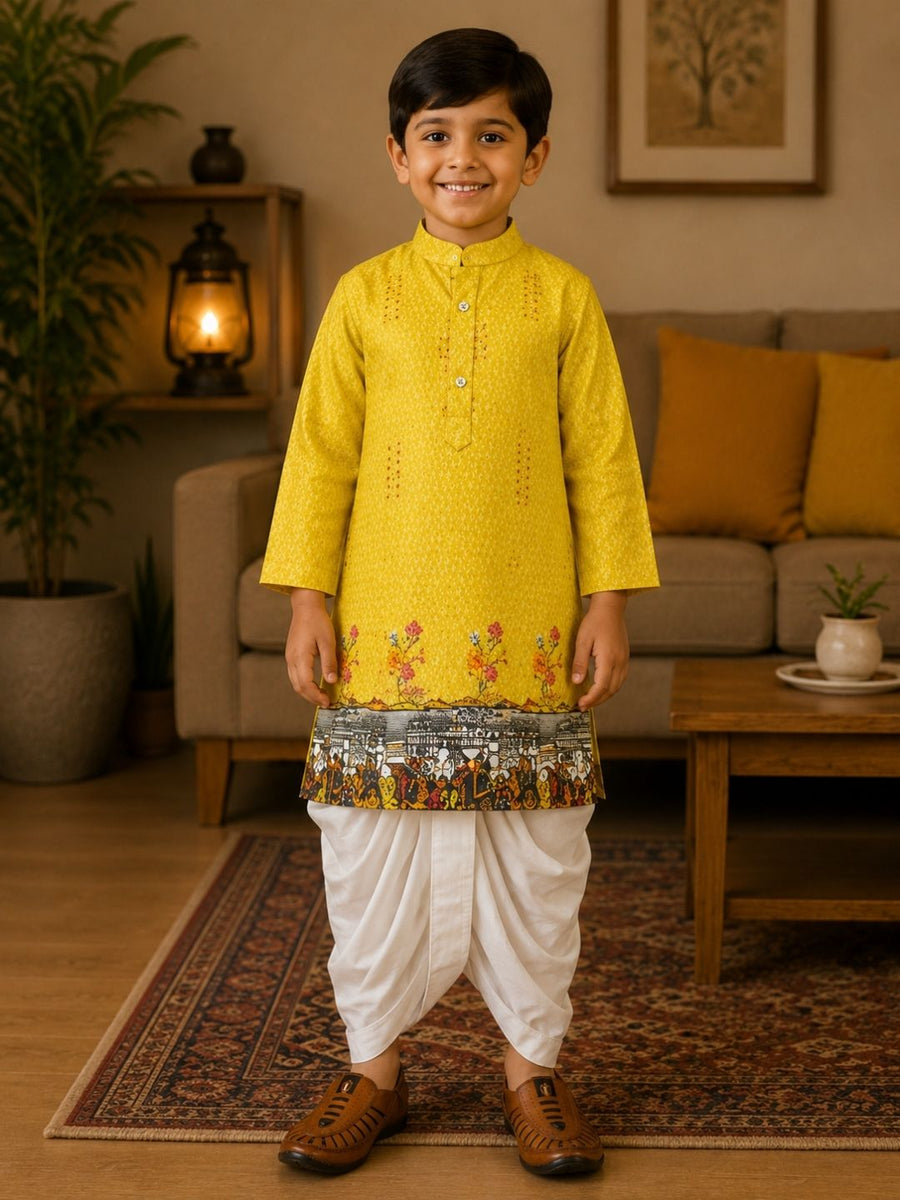 Boys Mandarin Collar Digital Print Ethnic Kurta - Yellow (Style BK155) (shown with dhoti pant, not included)