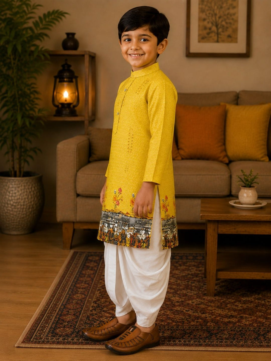 Boys Mandarin Collar Digital Print Ethnic Kurta - Yellow (Style BK155) (shown with dhoti pant, not included)
