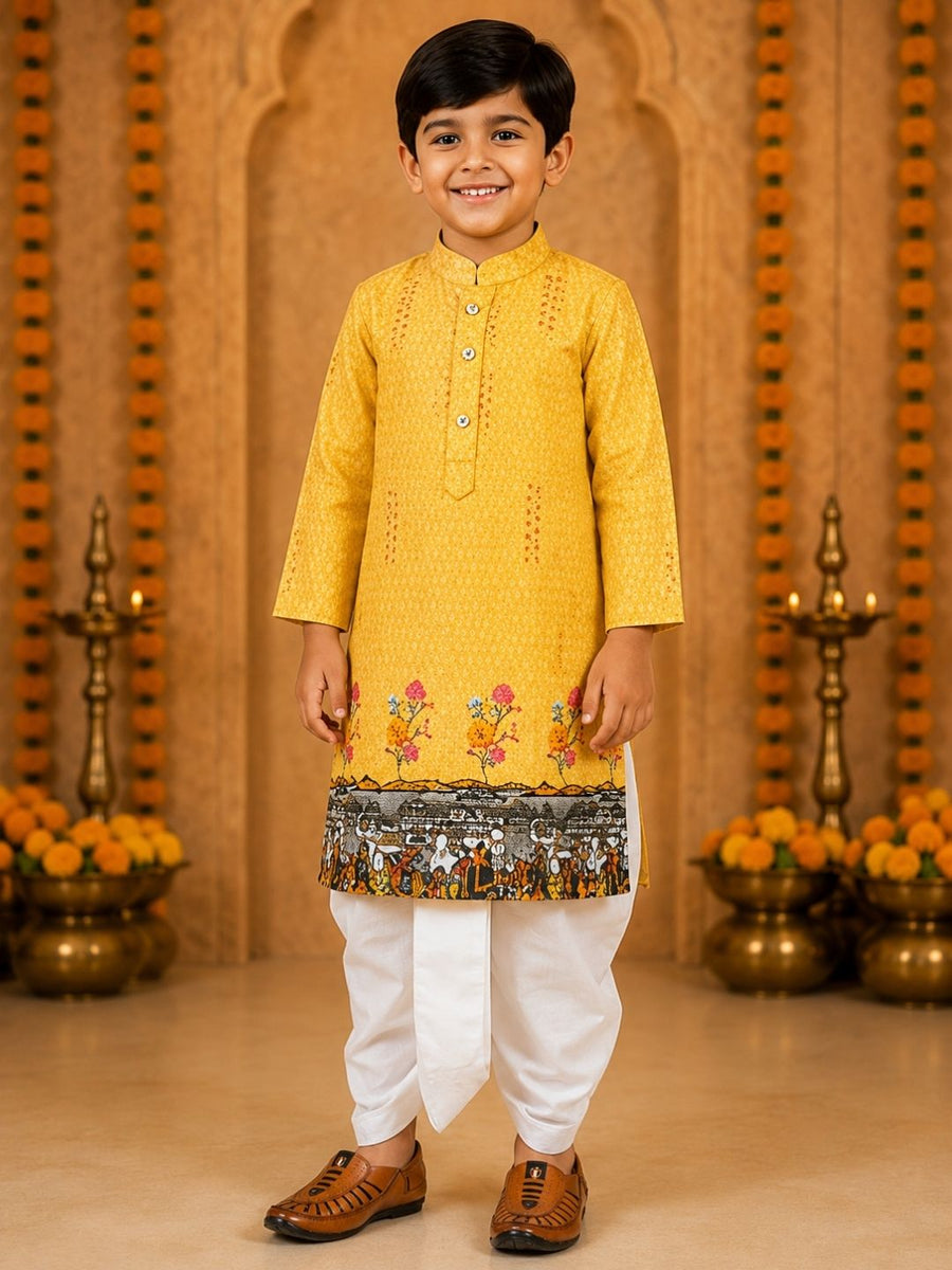 Boys Mandarin Collar Digital Print Ethnic Kurta Set - Mustard (Style BK156)