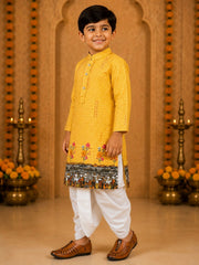 Boys Mandarin Collar Digital Print Ethnic Kurta Set - Mustard (Style BK156)