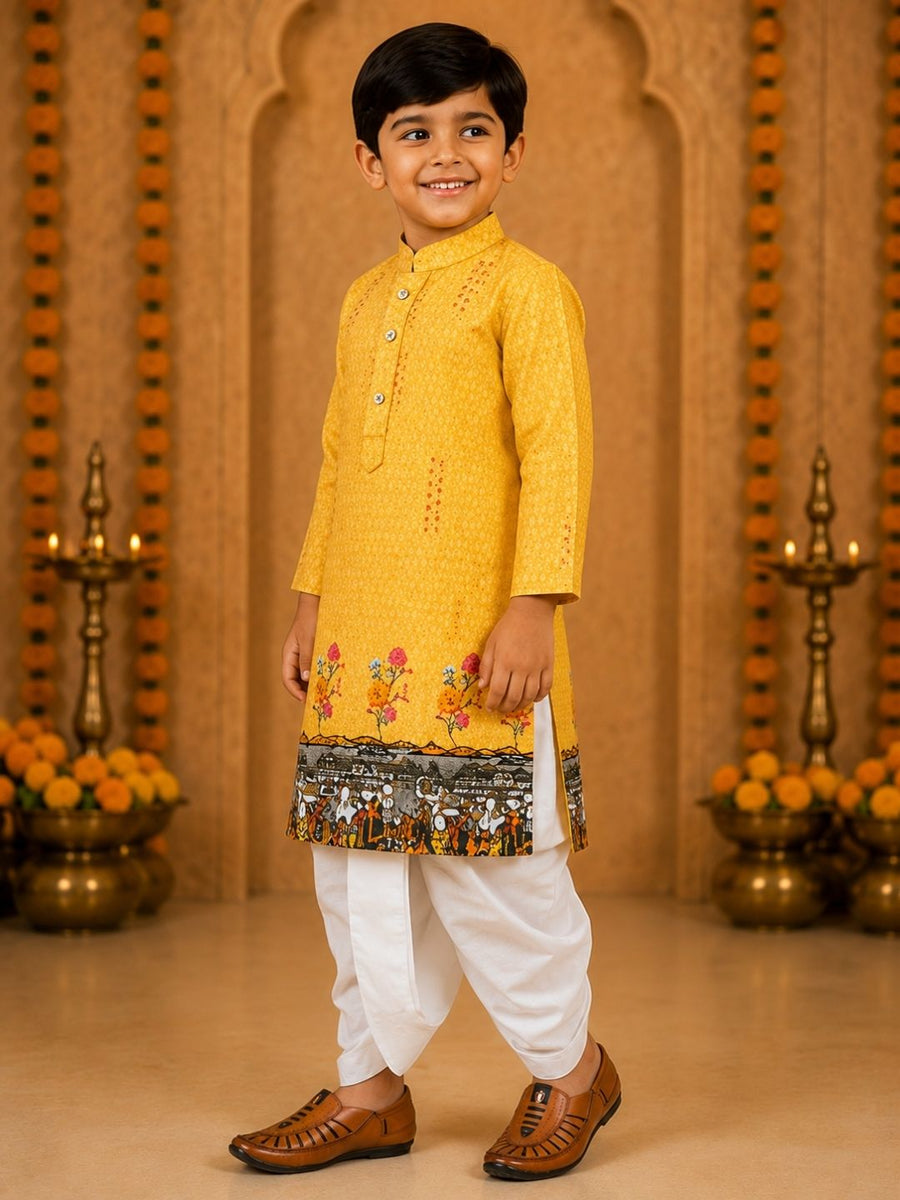 Boys Mandarin Collar Digital Print Ethnic Kurta Set - Mustard (Style BK156)