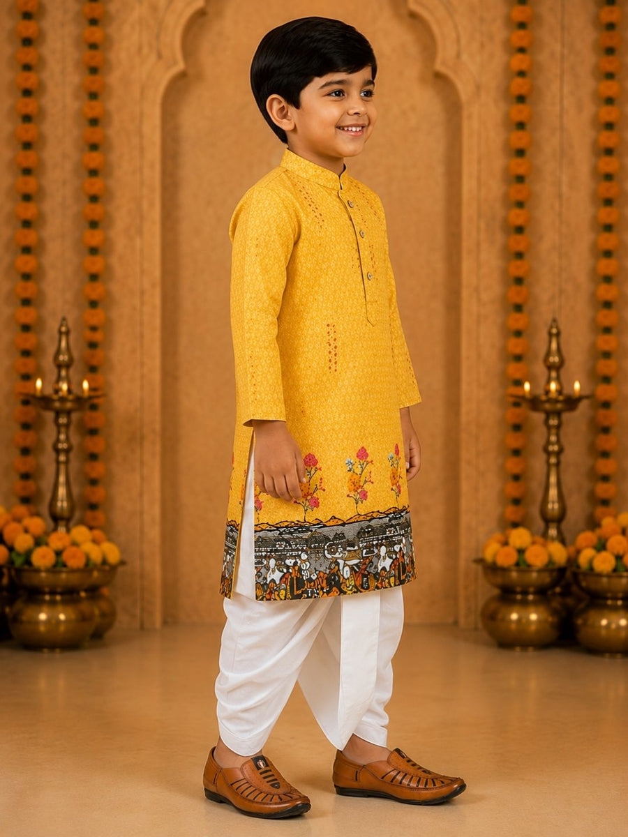 Boys Mandarin Collar Digital Print Ethnic Kurta Set - Mustard (Style BK156)