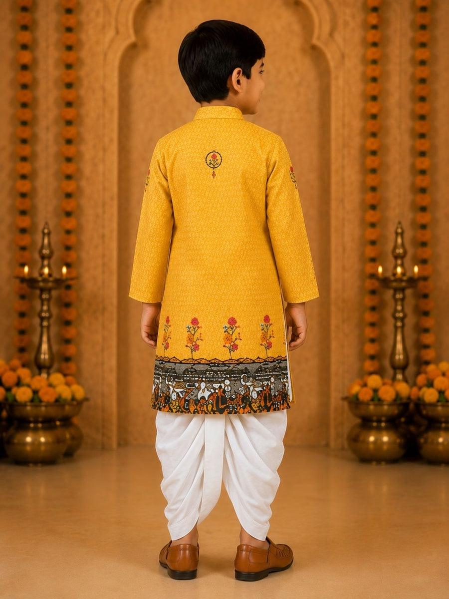 Boys Mandarin Collar Digital Print Ethnic Kurta - Mustard (Style BK156) (shown with dhoti pant, not included)