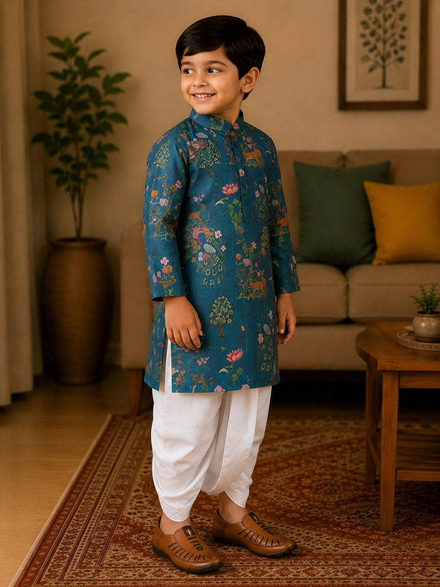 Boys Mandarin Collar Digital Print Ethnic Kurta - Blue (Style BK157) (shown with dhoti pant, not included)