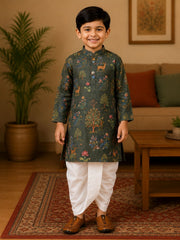 Boys Mandarin Collar Digital Print Ethnic Kurta Set - Bottle Green (Style BK158)