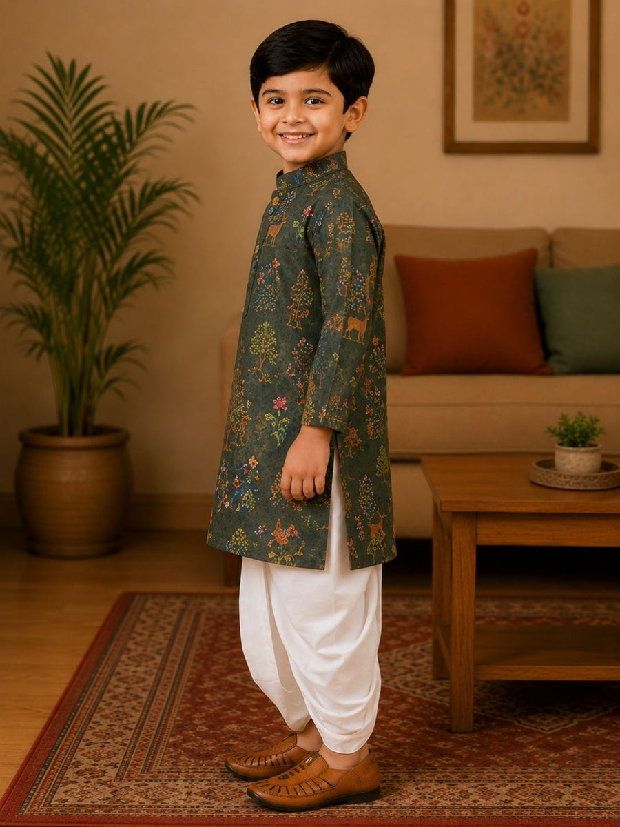 Boys Mandarin Collar Digital Print Ethnic Kurta Set - Bottle Green (Style BK158)