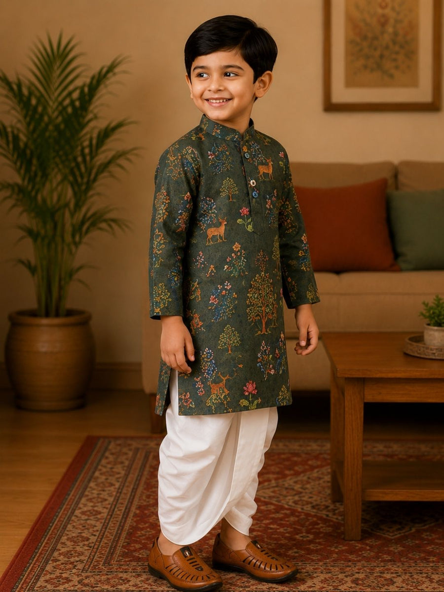 Boys Mandarin Collar Digital Print Ethnic Kurta Set - Bottle Green (Style BK158)