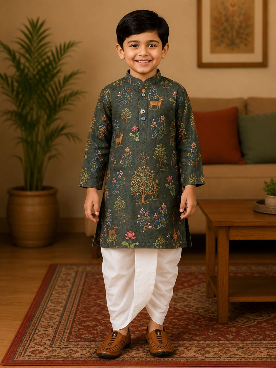 Boys Mandarin Collar Digital Print Ethnic Kurta - Bottle Green (Style BK158) (shown with dhoti pant, not included)