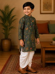 Boys Mandarin Collar Digital Print Ethnic Kurta - Bottle Green (Style BK158) (shown with dhoti pant, not included)