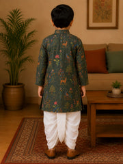Boys Mandarin Collar Digital Print Ethnic Kurta - Bottle Green (Style BK158) (shown with dhoti pant, not included)