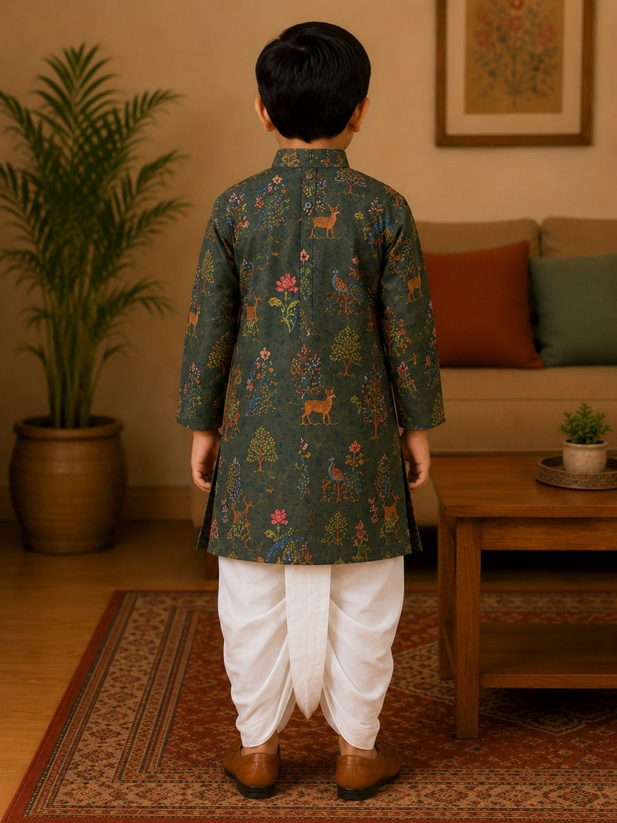 Boys Mandarin Collar Digital Print Ethnic Kurta - Bottle Green (Style BK158) (shown with dhoti pant, not included)