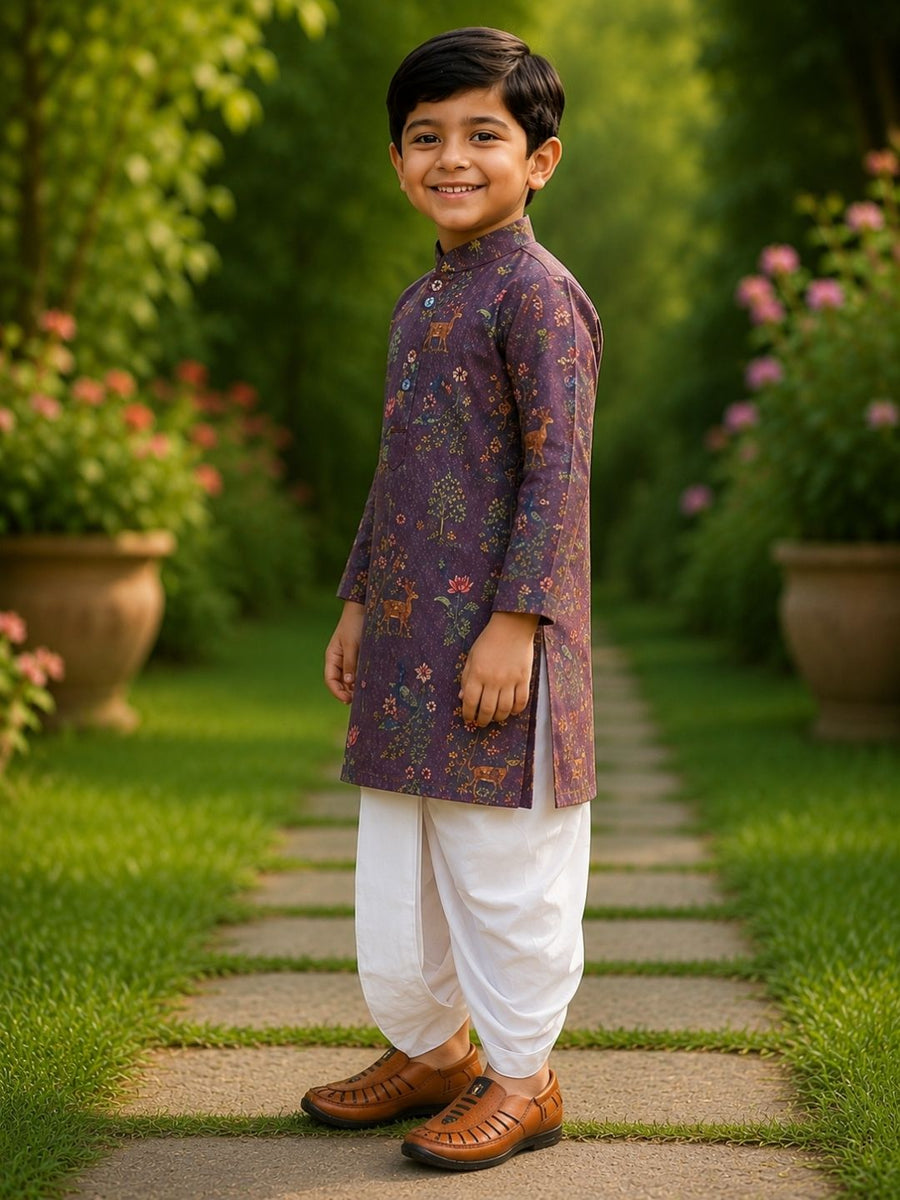 Boys Mandarin Collar Digital Print Ethnic Kurta - Purple (Style BK159) (shown with dhoti pant, not included)