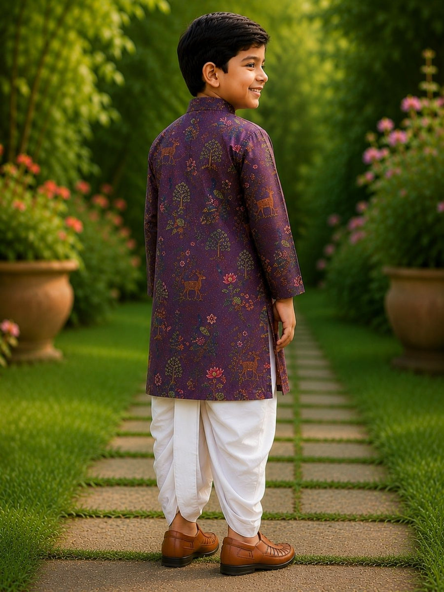 Boys Mandarin Collar Digital Print Ethnic Kurta - Purple (Style BK159) (shown with dhoti pant, not included)