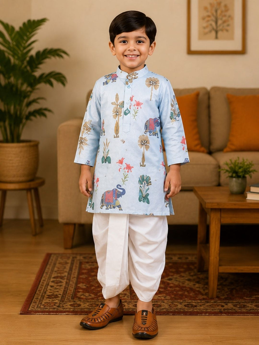 Boys Mandarin Collar Digital Print Ethnic Kurta - Light Blue (Style BK160) (shown with dhoti pant, not included)