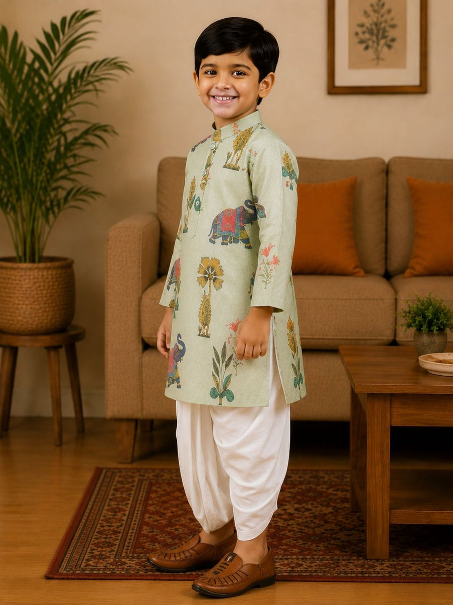 Boys Mandarin Collar Digital Print Ethnic Kurta Set - Cream (Style BK161)
