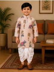 Boys Mandarin Collar Digital Print Ethnic Kurta - Light Peach (Style BK162) (shown with dhoti pant, not included)