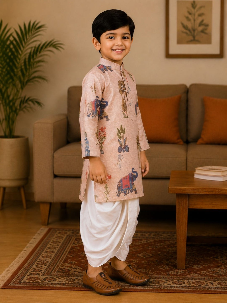 Boys Mandarin Collar Digital Print Ethnic Kurta - Light Peach (Style BK162) (shown with dhoti pant, not included)