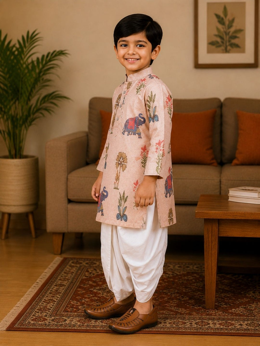 Boys Mandarin Collar Digital Print Ethnic Kurta - Light Peach (Style BK162) (shown with dhoti pant, not included)