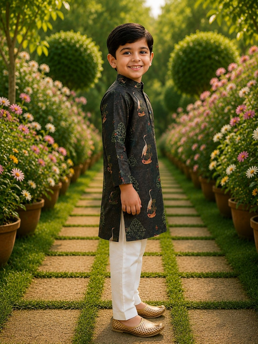Boys Traditional Kurta Pyjama Set - Dark Grey (Style BK163)