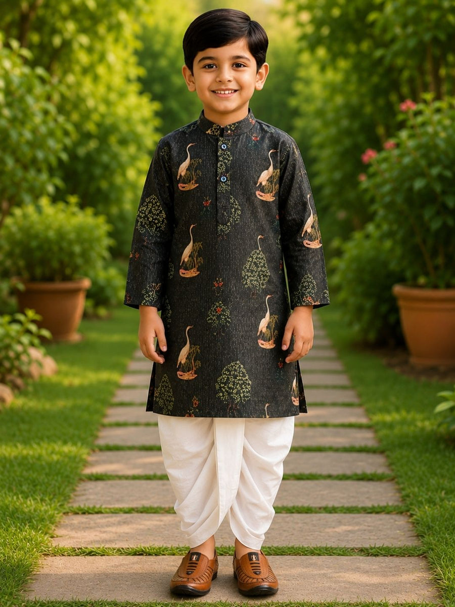Boys Mandarin Collar Digital Print Ethnic Kurta - Dark Green (Style BK163) (shown with dhoti pant, not included)