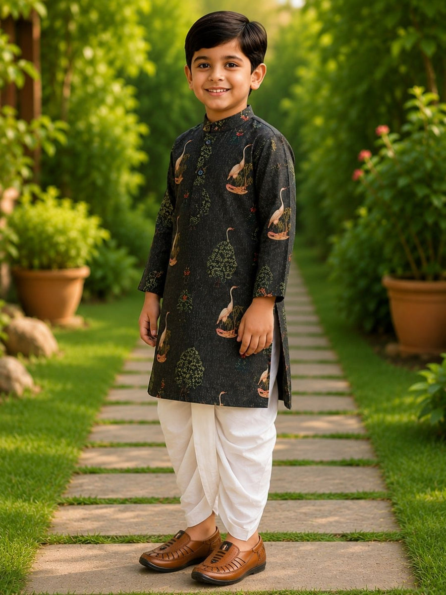 Boys Mandarin Collar Digital Print Ethnic Kurta - Dark Green (Style BK163) (shown with dhoti pant, not included)