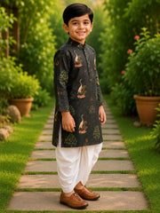 Boys Mandarin Collar Digital Print Ethnic Kurta - Dark Green (Style BK163) (shown with dhoti pant, not included)